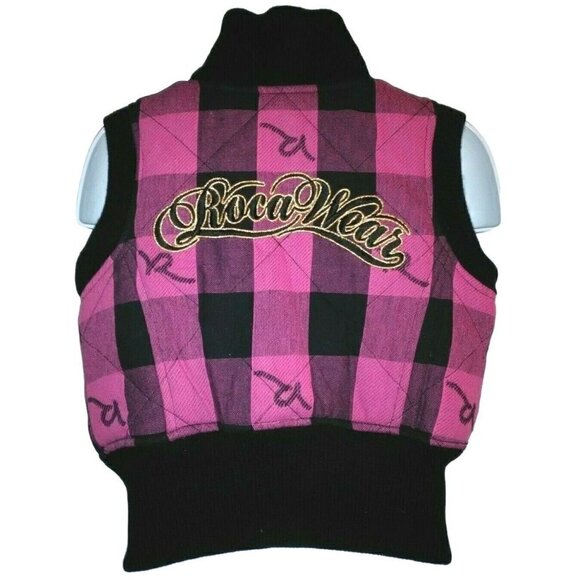 Roca Wear Girls Zip Front Quilted Vest Size 4 Pink Black Plaid - Picture 2 of 11